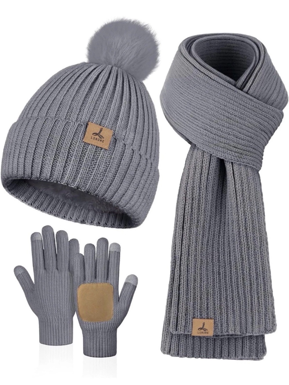 Winter Beanie Hat Scarf Gloves Set, Fleece Knitted Pompom Hat Warm Scarf Gloves